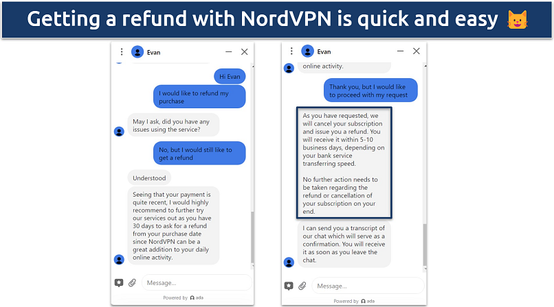 Screenshot of conversation with NordVPN live chat support agent requesting a refund during the 30-day guarantee period